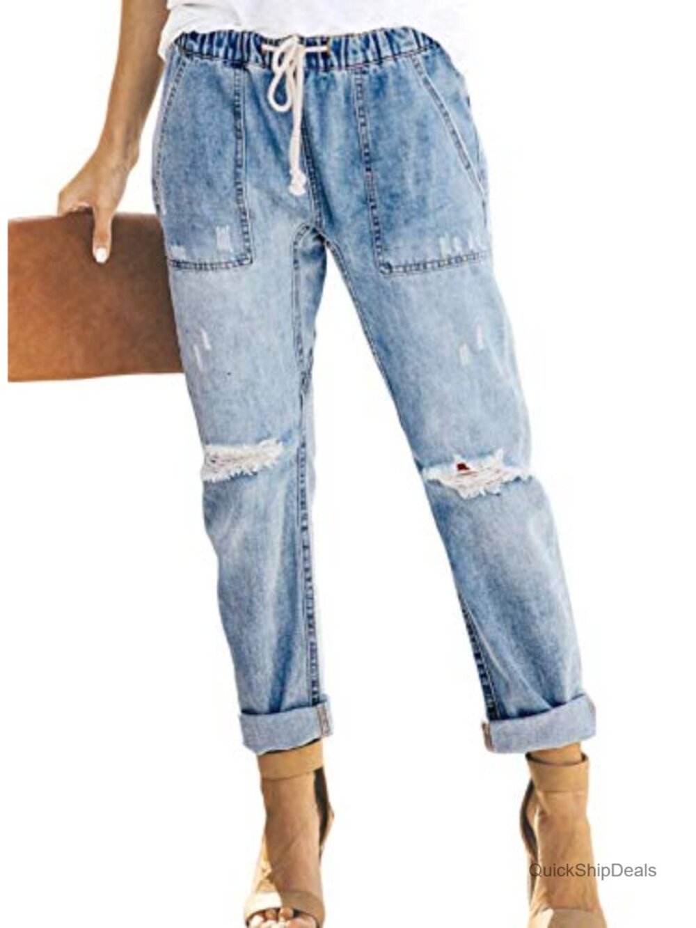 Women's Pull-on Distressed Stretch Jeans Elastic Waist Denim Joggers